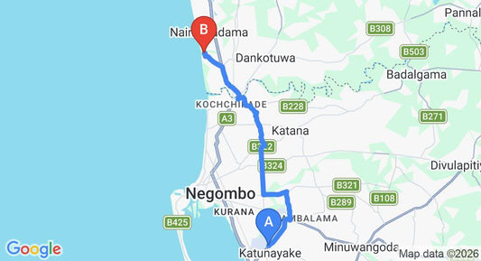 Driving route map: Colombo Airport (CMB) to Suriya Resort, Waikkal (20 km, approx 43 min private transfer)