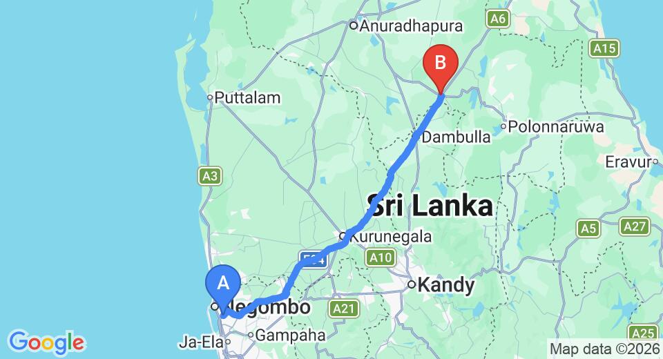 Driving route map: Colombo Airport (CMB) to Cinnamon Lodge, Habarana (151 km, approx 3 h 14 min private transfer)