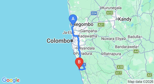 Driving route map: Colombo Airport (CMB) to Hotel Orchid, Aluthgama (107 km, approx 1 h 40 min private transfer)