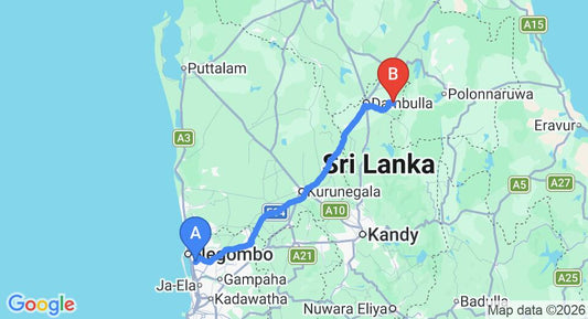 Driving route map: Colombo Airport (CMB) to Pitipanaveediya (146 km, approx 3 h 14 min private transfer)