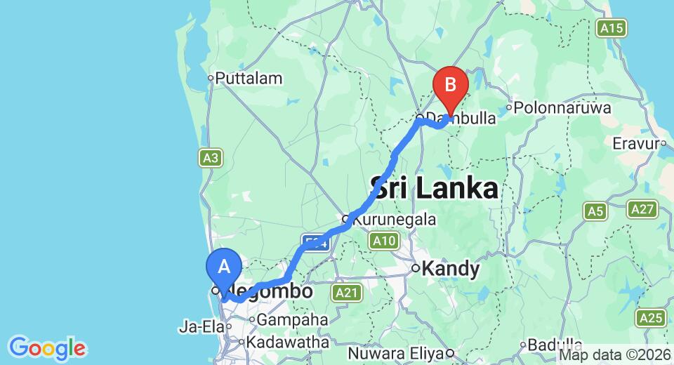 Driving route map: Colombo Airport (CMB) to Jetwing Safari Camp, Yala (146 km, approx 3 h 14 min private transfer)