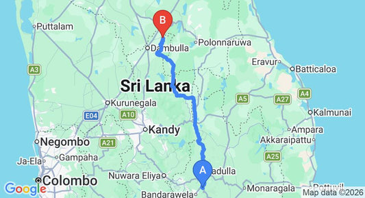 Driving route map: Ella to Sigiriya (172 km, approx 4 h 11 min private transfer)