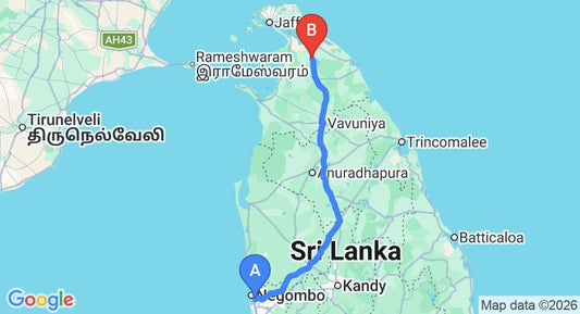 Driving route map: Colombo Airport (CMB) to Iranamadu (304 km, approx 5 h 58 min private transfer)