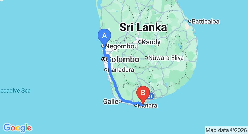 Driving route map: Colombo Airport (CMB) to Salt House, Dikwella (201 km, approx 2 h 55 min private transfer)
