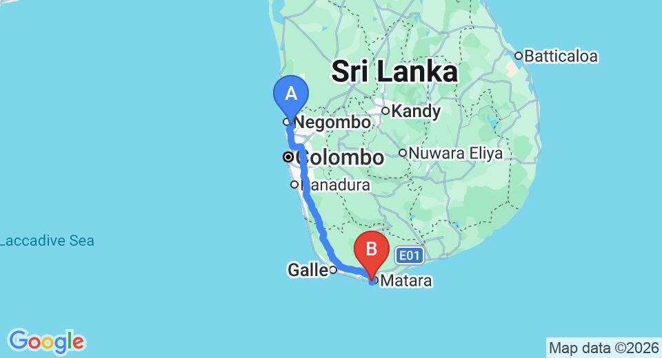 Driving route map: Colombo Airport (CMB) to Vubu, Matara (185 km, approx 2 h 34 min private transfer)