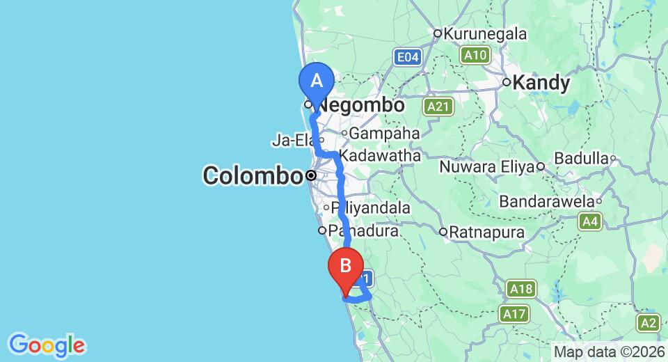 Driving route map: Colombo Airport (CMB) to Hotel Blue Sapphire, Aluthgama (107 km, approx 1 h 39 min private transfer)