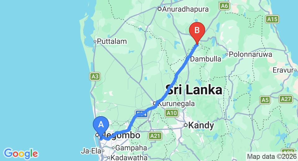 Driving route map: Colombo Airport (CMB) to Elephas Resort, Sigiriya (147 km, approx 3 h 10 min private transfer)