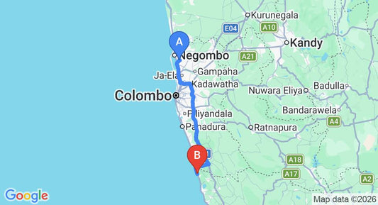 Driving route map: Colombo Airport (CMB) to Villa 700, Induruwa (112 km, approx 1 h 47 min private transfer)