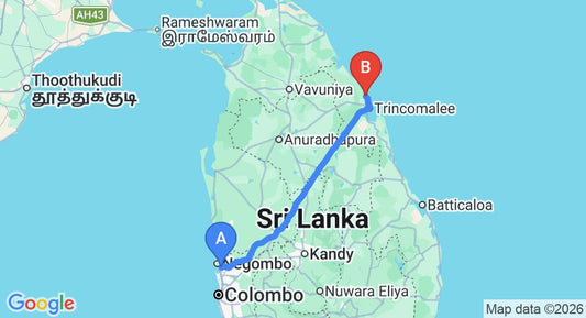 Driving route map: Colombo Airport (CMB) to Palmera Eco Resort Nilaveli, Trincomalee (248 km, approx 5 h 5 min private transfer)