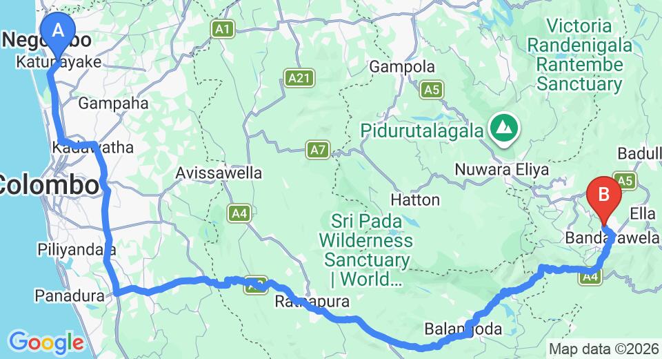 Driving route map: Colombo Airport (CMB) to Villa Republic, Bandarawela (222 km, approx 5 h 26 min private transfer)