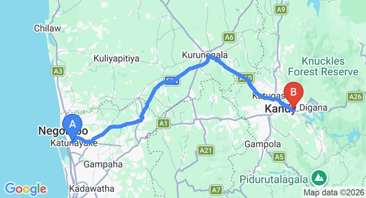 Driving route map: Colombo Airport (CMB) to White Villa Tourist Guest, Kandy (119 km, approx 3 h 2 min private transfer)