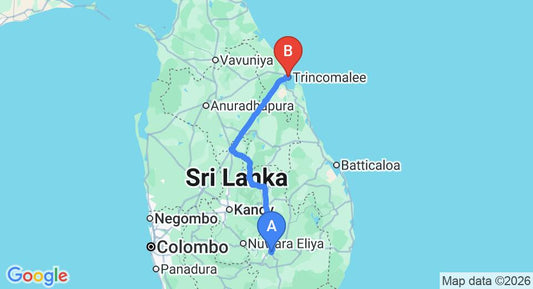Driving route map: Ella to Trincomalee (269 km, approx 5 h 45 min private transfer)