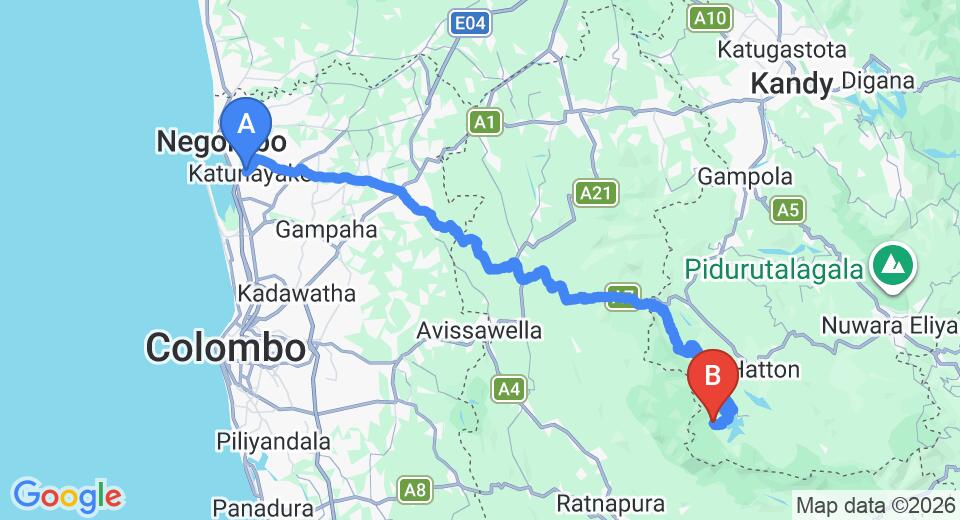 Driving route map: Colombo Airport (CMB) to Slightly Chilled Guest House, Hatton (131 km, approx 4 h 19 min private transfer)