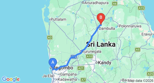 Driving route map: Colombo Airport (CMB) to Grand Regent Holiday Resort and Spa, Sigiriya (140 km, approx 3 h 2 min private transfer)