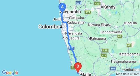 Driving route map: Colombo Airport (CMB) to The Postcard Galle, Galle (146 km, approx 2 h 15 min private transfer)