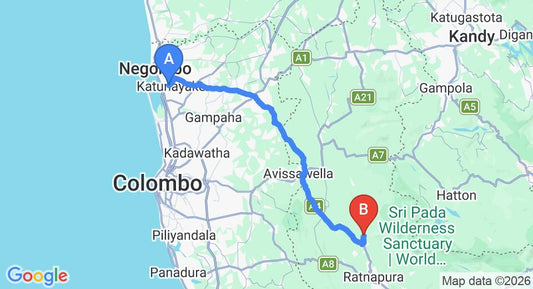 Driving route map: Colombo Airport (CMB) to Bopath Fall Rock Chalets, Ratnapura (87 km, approx 2 h 30 min private transfer)