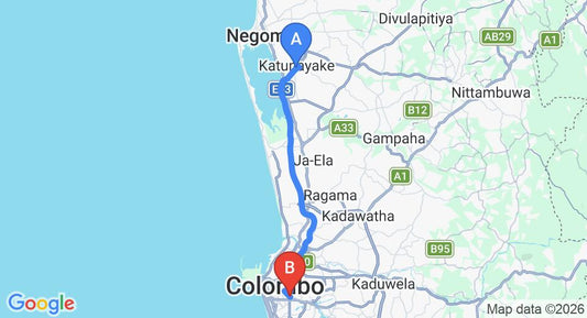 Driving route map: Colombo Airport (CMB) to Borella (33 km, approx 42 min private transfer)