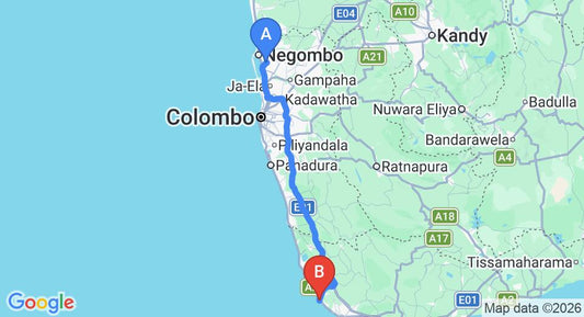 Driving route map: Colombo Airport (CMB) to House of Lotus, Dodanduwa (144 km, approx 2 h 7 min private transfer)