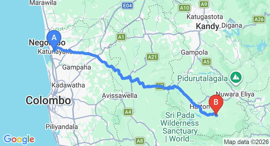 Driving route map: Colombo Airport (CMB) to Iona Bungalow, Hatton (133 km, approx 4 h 18 min private transfer)