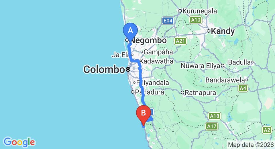 Driving route map: Colombo Airport (CMB) to Thejan Beach Cabanas, Bentota (112 km, approx 1 h 47 min private transfer)