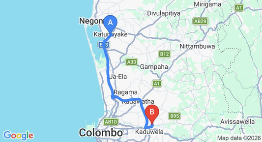 Driving route map: Colombo Airport (CMB) to Biyagama (40 km, approx 43 min private transfer)