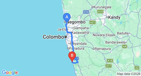 Driving route map: Colombo Airport (CMB) to Hotel Nirvega, Beruwala (109 km, approx 1 h 43 min private transfer)