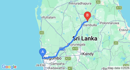 Driving route map: Negombo to Sigiriya (149 km, approx 3 h 12 min private transfer)