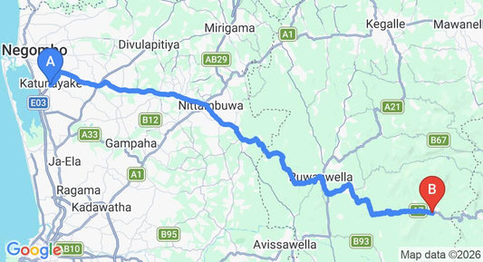 Driving route map: Colombo Airport (CMB) to Rafters Retreat, Kitulgala (81 km, approx 2 h 23 min private transfer)