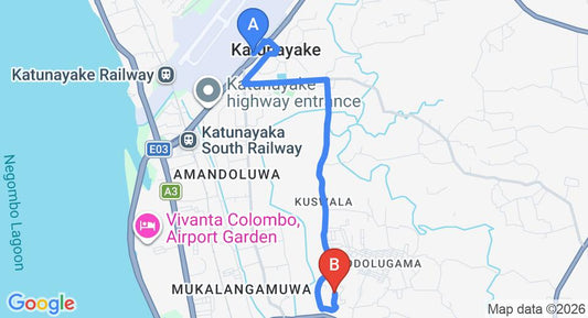 Driving route map: Colombo Airport (CMB) to Raddoluwa (7 km, approx 17 min private transfer)