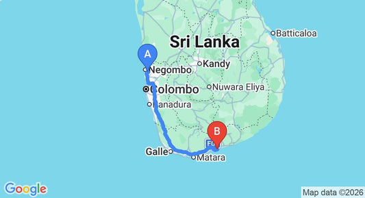 Driving route map: Colombo Airport (CMB) to Ananya Beach Resort, Tangalle (224 km, approx 3 h 10 min private transfer)