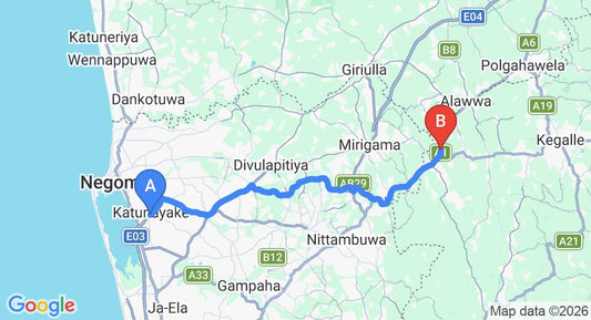 Driving route map: Colombo Airport (CMB) to Heritage Ambepussa, Ambepussa (47 km, approx 1 h 22 min private transfer)