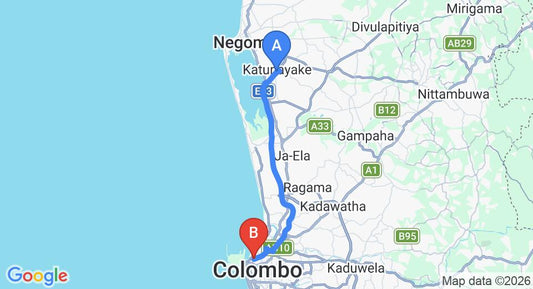 Driving route map: Colombo Airport (CMB) to Port View City Hotel, Colombo (32 km, approx 39 min private transfer)