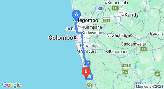 Driving route map: Colombo Airport (CMB) to The River House, Balapitiya (134 km, approx 2 h 5 min private transfer)