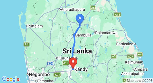 Driving route map: Habarana to Kandy (94 km, approx 2 h 36 min private transfer)
