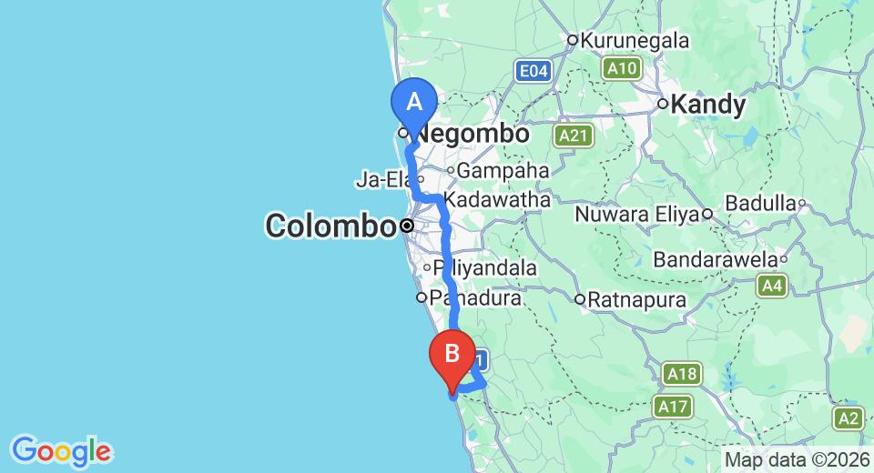 Driving route map: Colombo Airport (CMB) to Boutique 87, Bentota (109 km, approx 1 h 42 min private transfer)