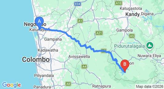 Driving route map: Colombo Airport (CMB) to Madusha Rest, Hatton (127 km, approx 4 h 17 min private transfer)