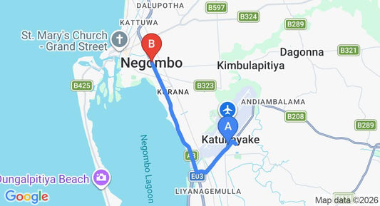 Driving route map: Colombo Airport (CMB) to Negombo (9 km, approx 20 min private transfer)
