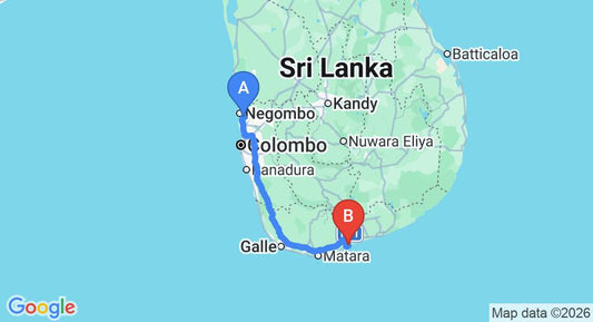 Driving route map: Colombo Airport (CMB) to Ganesh Garden Beach Cabanas, Tangalle (218 km, approx 2 h 58 min private transfer)