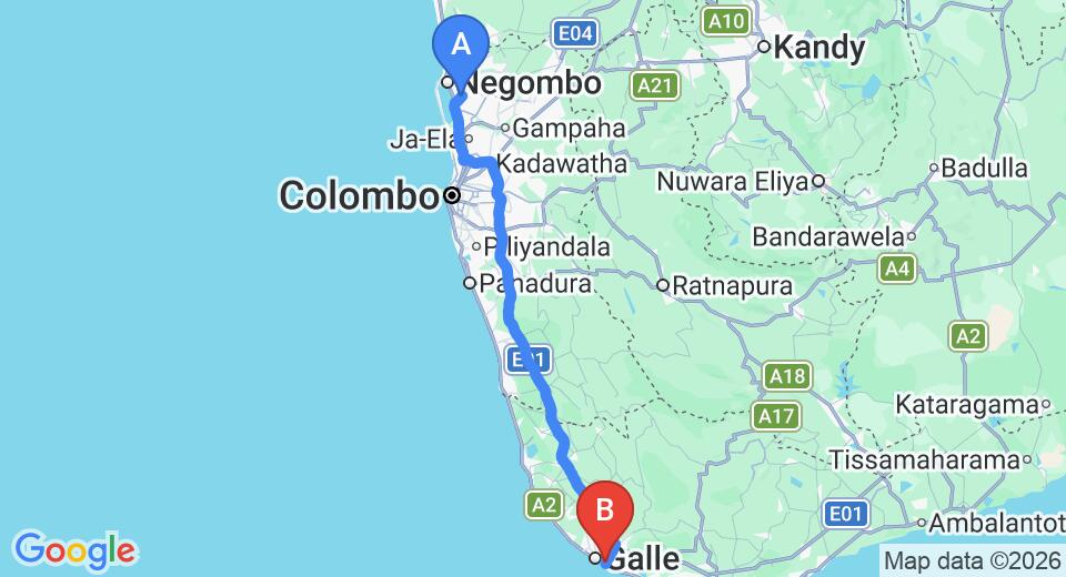 Driving route map: Colombo Airport (CMB) to Agnus Luxury Villa, Unawatuna (151 km, approx 2 h 6 min private transfer)