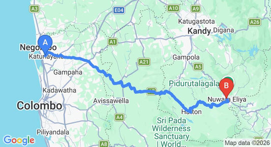 Driving route map: Colombo Airport (CMB) to Alpine Hotel, Nuwara Eliya (153 km, approx 4 h 42 min private transfer)