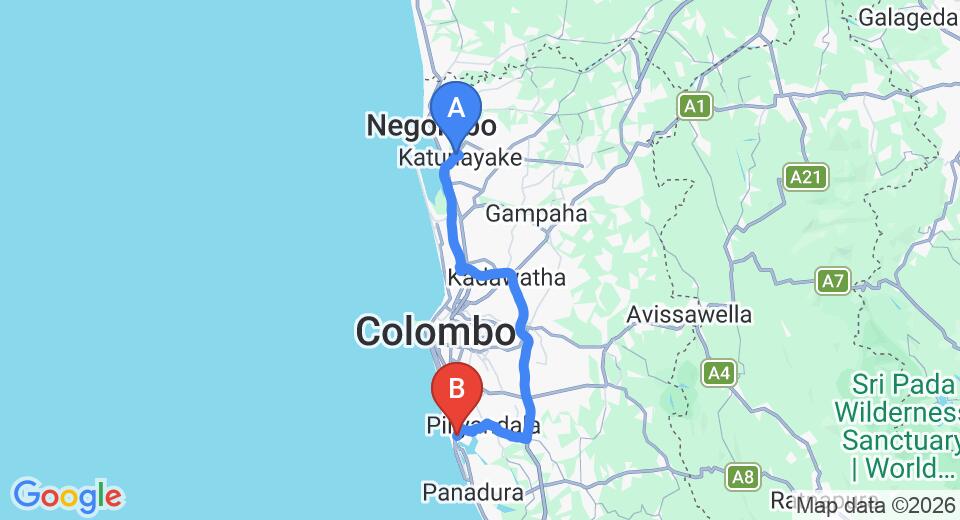 Driving route map: Colombo Airport (CMB) to Charles Holiday Home, Moratuwa (68 km, approx 1 h 18 min private transfer)