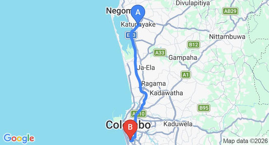 Driving route map: Colombo Airport (CMB) to Raja Bojun, Colombo (37 km, approx 51 min private transfer)
