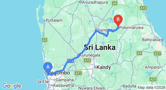 Driving route map: Colombo Airport (CMB) to Polonnaruwa (192 km, approx 4 h 7 min private transfer)
