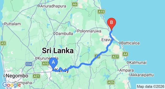 Driving route map: Kandy to Pasikuda (189 km, approx 4 h 22 min private transfer)