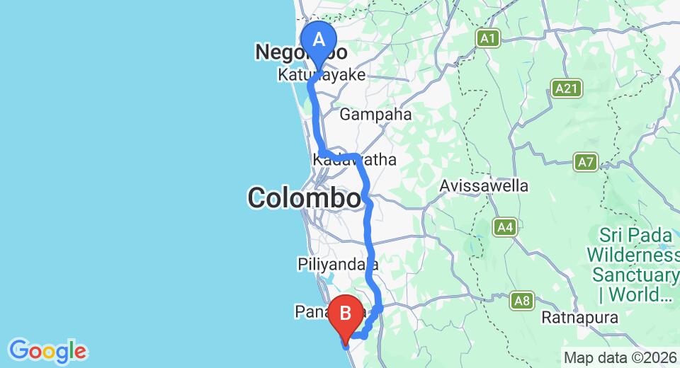 Driving route map: Colombo Airport (CMB) to Siddhalepa Ayurveda Health Resort, Wadduwa (81 km, approx 1 h 28 min private transfer)