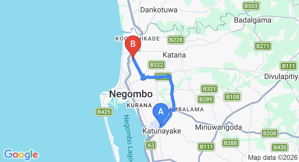 Driving route map: Colombo Airport (CMB) to Tranquil Negombo Boutique, Negombo (14 km, approx 31 min private transfer)