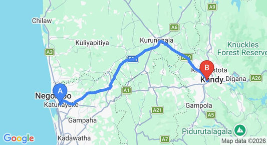 Driving route map: Colombo Airport (CMB) to Earl's Regent Hotel, Kandy (110 km, approx 2 h 41 min private transfer)