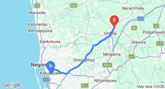 Driving route map: Colombo Airport (CMB) to Hotel Dambadeniya, Dambadeniya (40 km, approx 1 h 9 min private transfer)