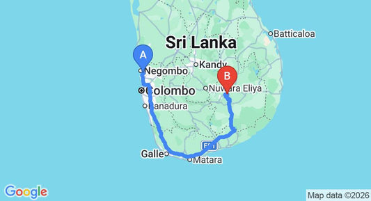 Driving route map: Colombo Airport (CMB) to View Point Villa, Ella (341 km, approx 5 h 10 min private transfer)