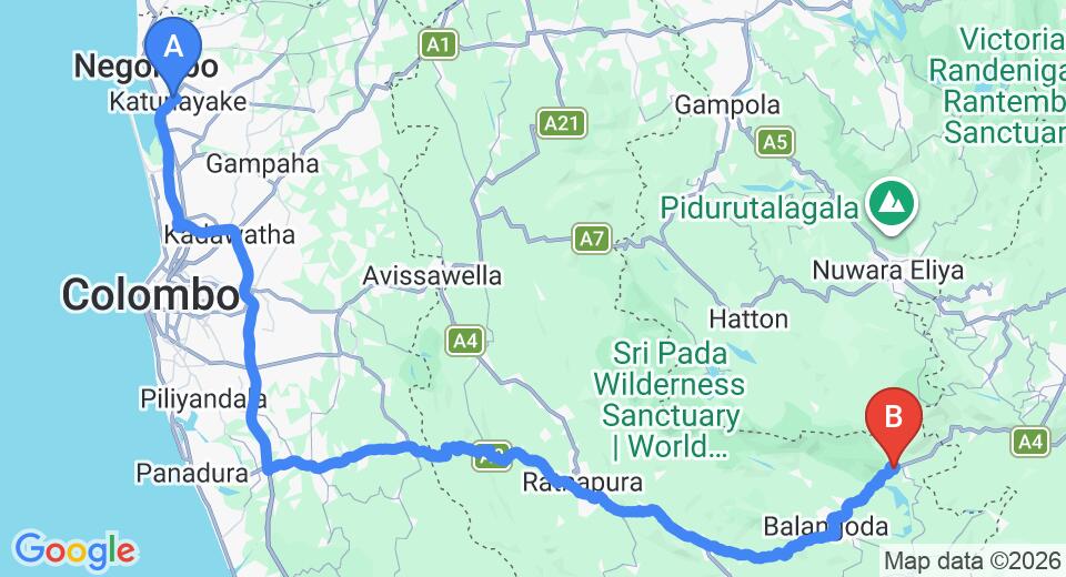 Driving route map: Colombo Airport (CMB) to Mount Field Resort, Belihuloya (180 km, approx 4 h 10 min private transfer)